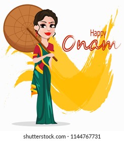 Onam celebration. Indian woman in traditional clothes holding umbrella. Happy Onam festival in Kerala. Vector illustration with brush stroke on background