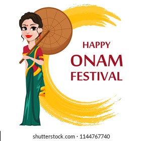 Onam celebration. Indian woman in traditional clothes holding umbrella. Happy Onam festival in Kerala. Vector illustration with round brush stroke on background