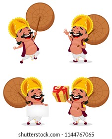 Onam celebration. King Mahabali holding umbrella, set of four poses. Happy Onam festival in Kerala. Vector illustration on white background