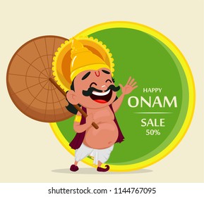 Onam celebration. King Mahabali holding umbrella, cheerful cartoon character. Happy Onam festival in Kerala. Vector illustration for sale