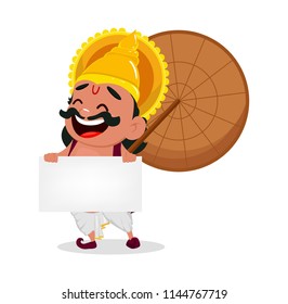 Onam celebration. King Mahabali holding blank placard, cheerful cartoon character. Happy Onam festival in Kerala. Vector illustration