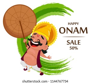 Onam celebration. King Mahabali holding umbrella, cheerful cartoon character. Happy Onam festival in Kerala. Vector illustration for sale on abstract background