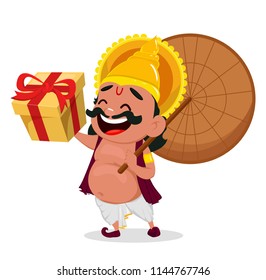 Onam celebration. King Mahabali holding umbrella and gift box, cheerful cartoon character. Happy Onam festival in Kerala. Vector illustration