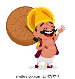 Onam celebration. King Mahabali holding umbrella, cheerful cartoon character. Happy Onam festival in Kerala. Vector illustration