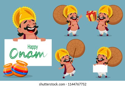 Onam celebration. King Mahabali holding umbrella, set of five poses. Happy Onam festival in Kerala. Vector illustration