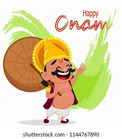 Onam celebration. King Mahabali holding umbrella, cheerful cartoon character. Happy Onam festival in Kerala. Vector illustration on abstract background with greetings