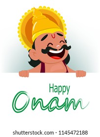 Onam celebration. King Mahabali holding placard with greetings, cheerful cartoon character. Happy Onam festival in Kerala. Vector illustration