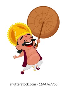 Onam celebration. Laughing King Mahabali holding umbrella, cheerful cartoon character. Happy Onam festival in Kerala. Vector illustration