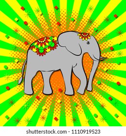 Onam. Concept Hindu festival. Kerala in India. 4 September. Elephant, beautiful flower blanket. Style pop art, rays from the center