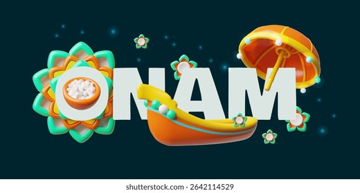Onam Festival. 3D Vector banner with boat, rice pudding, carpet flower and umbrella on dark background. Indian traditional harvest festival in Kerala. Vector cartoon illustration. Rendering.