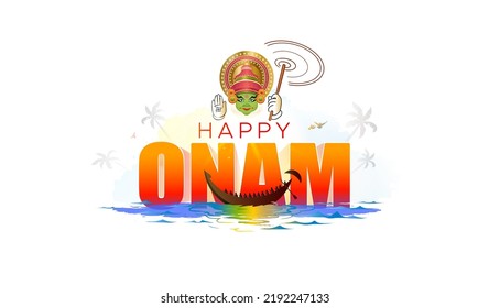 Onam festival background. Kathakali and Boat Race design with Happy Onam text.