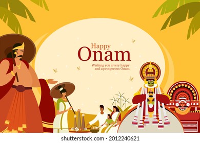 Onam festival background with King Mahabali and traditional art forms. Onam is a harvest festival in Kerala, India