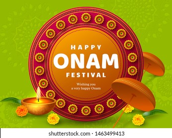 Onam festival background for South India Kerala traditional celebration. Onam Kathakali dancer with umbrella. Vector illustration.