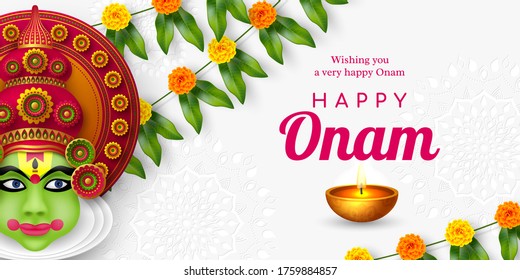 Onam festival background for South India Kerala traditional celebration. Onam Kathakali dancer with flowers and candle. Vector illustration.