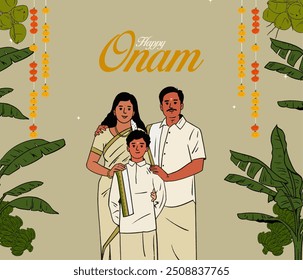 Onam festival celebrating south Indian family with festive background vector illustration for social media banner, Invitation card design 