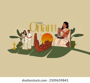 Onam festival celebrating south Indian family with festive background vector illustrations for social media banner, Invitation card design concept design 