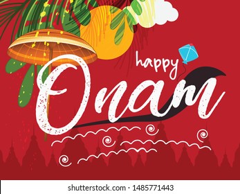 Onam festival celebration vector with festival elements and text of happy onam.