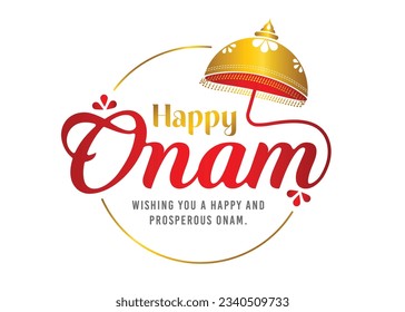 Onam festival concept Unit. Happy Onam text with boat and Umbrella background.