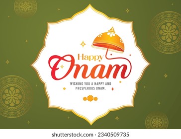 Onam festival concept Unit. Happy Onam text with boat and Umbrella background.