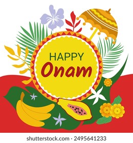 Onam festival greeting background
.  Harvest festival in Kerala, India. Vector illustration in flat style