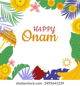Onam festival greeting background
.  Harvest festival in Kerala, India. Vector illustration in flat style