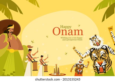 Onam festival greeting background with King Mahabali and traditional art forms. Onam is a harvest festival in Kerala, India