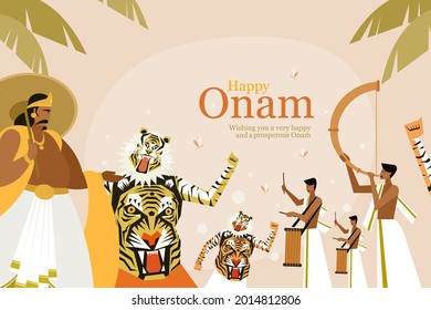 Antecedentes del festival Onam con artistas de danza del Rey Mahabali y Tiger. Onam es un festival de cosecha en Kerala, India