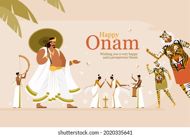 Onam festival greeting background with King Mahabali and traditional art forms. Onam is a harvest festival in Kerala, India