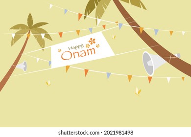 Onam festival greetings printed on a banner tied between two coconut trees. Onam is a traditional festival in Kerala, India