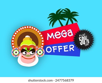 Onam Festival Mega Offer Poster Design with Kathakali Dancer Face, Coconut Trees on Blue Background.