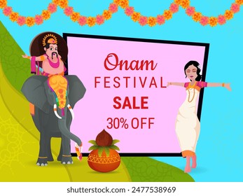 Onam Festival Venta con oferta de descuento, ilustración del rey Mahabali en elefante, chica bailarina, olla de adoración sobre fondo blanco decorado con guirnalda floral.