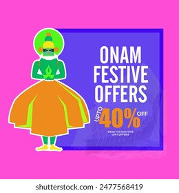 Onam Festival Sale Poster Design with Sticker Style Kathakali Dancer on Violet and Pink Background.