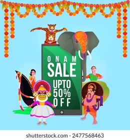Onam Festival Sale Poster Design with Showing Tradition of Kerala and Floral Garland (Toran) Decorated on Blue Background.