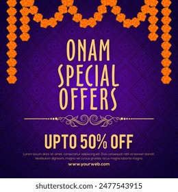 Oferta especial de venta del festival de Onam, diseño del Anuncio o del cartel con la decoración hermosa de la flor en el fondo púrpura. 