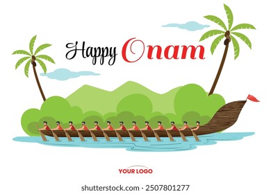 Onam Greeting Banner with Boat Race and coconut Trees on Bright White Background