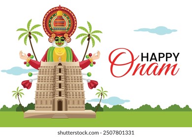 Onam Greeting Banner with Kathakali Dancer, Temple, and coconut Trees 