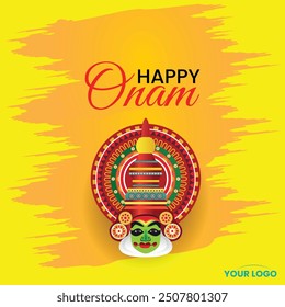 Onam Greeting Banner with Vibrant Kathakali Mask on Bright Yellow Background