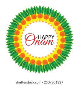 Onam Greeting Card with Pookalam Floral Design and Happy Onam Text in Center