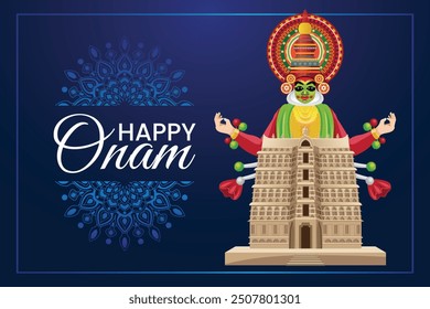 Onam Greeting with Kathakali Dancer and Traditional Kerala Temple on Blue Background