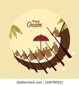 Onam greeting with traditional oarsmen rowing a snake boat during Onam festival.Onam is a festival in Kerala, India