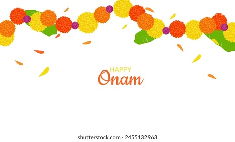 Onam Indian Festival Kerala State. Floral patterns. Garland of flowers. Happy Onam holiday. Poster Banner Design. Vector illustration.