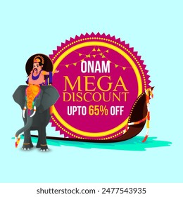 Onam Mega Discount Offer, Illustration of King Mahabali on elephant and snake boat, Can be used as sticker, tag or label design.