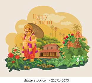 Onam is an official and annual harvest festival celebrated in the state of Kerala, India. Creative greetings design template with the illustration of King Mahabali in a beautiful surrounding.