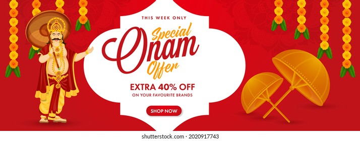 Onam Sale Banner Or Header Design With Discount Offer, King Mahabali Character On White And Red Background.