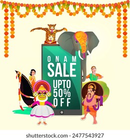 Onam Venta con Oferta de Descuento, que muestra la tradición de Kerala con hermosa decoración de flores, se puede utilizar como diseño de cartel, Anuncio o volante para la celebración del Festival Famoso del Sur de la India.