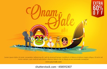 Onam Sale Poster, Banner or Flyer design, Creative illustration showing culture and tradition of Kerala on shiny yellow background.