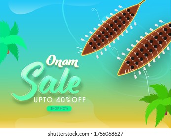 Onam Sale Poster Design with 40% Discount Offer and Top View Aranmula Boat Race on Gradient Blue and Green Background.