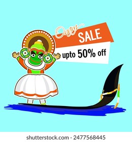 Onam Sale poster design with illustration of Kathakali Dancer standing on snake boat.