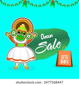 Onam Sale poster design with illustration of Kathakali Dancer on turquoise background.