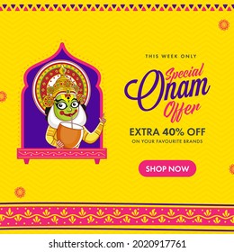 Onam Sale Poster Design With Kathakali Dancer Drinking Coconut Water On Yellow And Pink Background.
